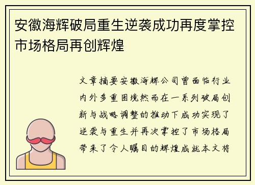 安徽海辉破局重生逆袭成功再度掌控市场格局再创辉煌